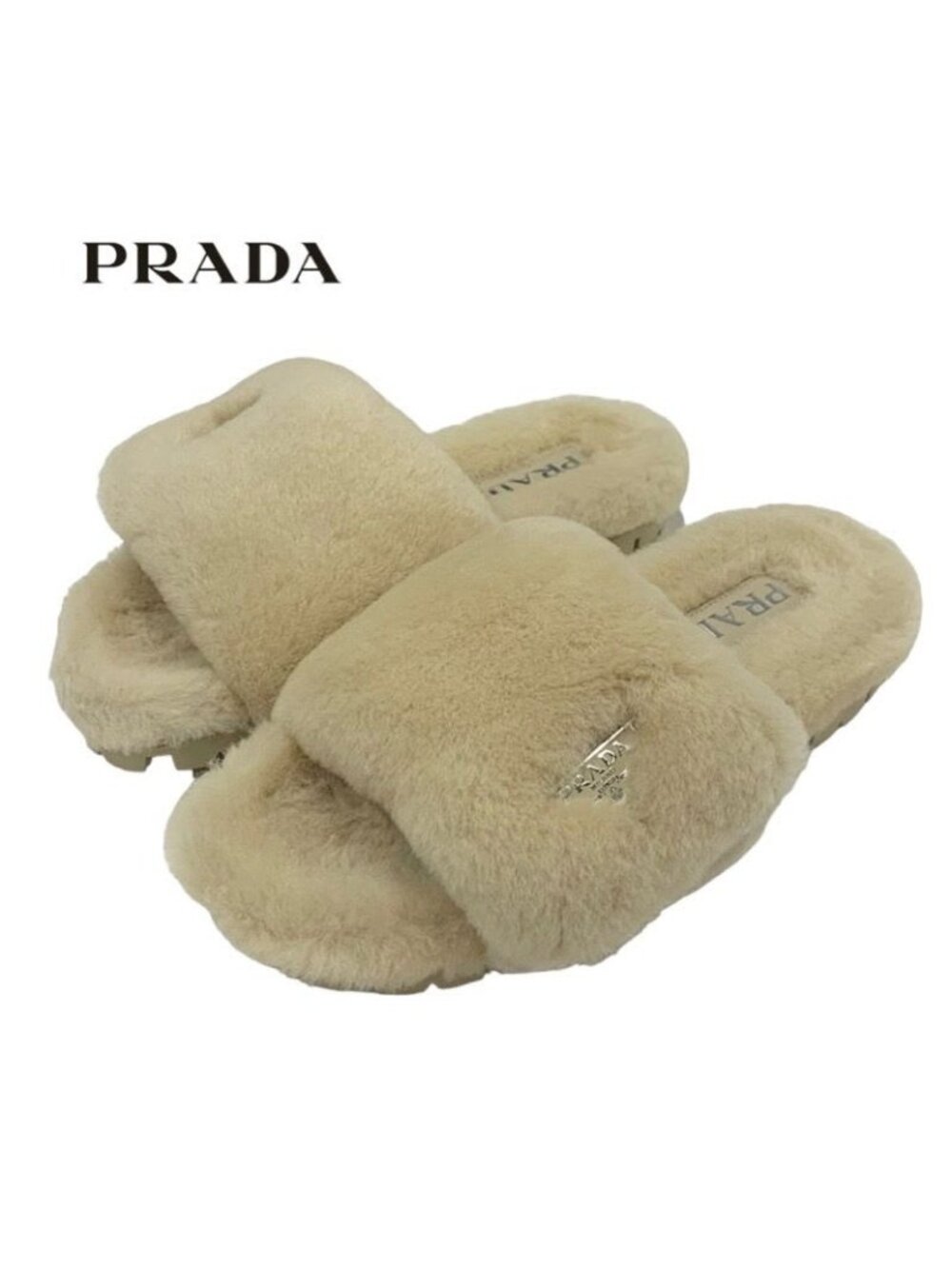 Prada Flat Sandals Shoes Sheep Fur Beige Mules Logo Plate